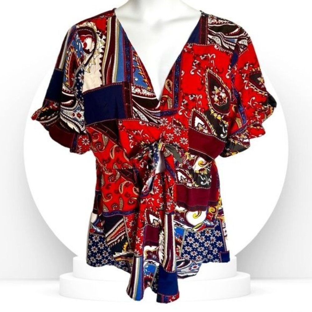 New York & Co Colorful Boho Patchwork Pattern Tie-Front Romper Plus Size XXL